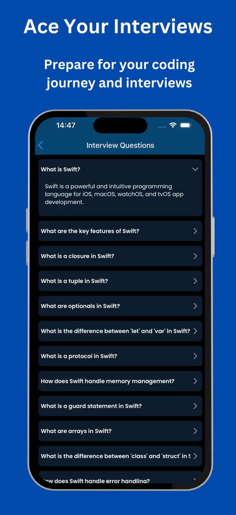 Learn Swift - Swift Playground - Swift AcademyモバイルアプリのSwiftプログラミング面接の質問と回答のリスト。