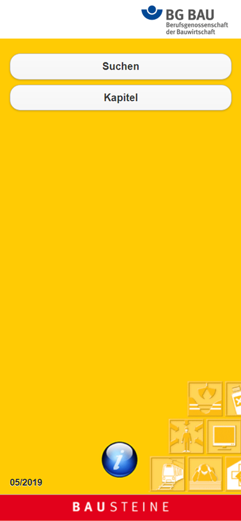 Bausteine der BG BAU - Pantalla del menú principal de la aplicación Bausteine der BG BAU con botones para buscar y navegar capítulos sobre un fondo amarillo