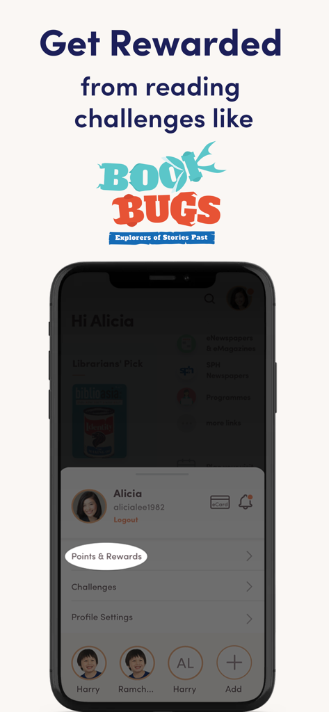 NLB Mobile - Interfaz de la aplicación NLB Mobile que muestra desafíos de lectura y puntos de recompensa para cuentas familiares.