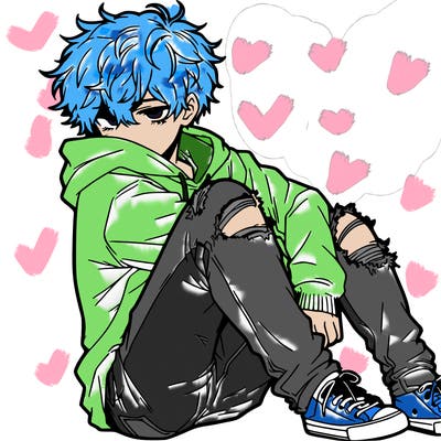 a male hoddie ripped jeans messy hair anime