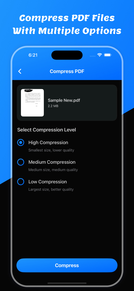 モバイルアプリインターフェイス。3つのPDF圧縮レベル（高、中、低）と圧縮ボタンが表示されています。