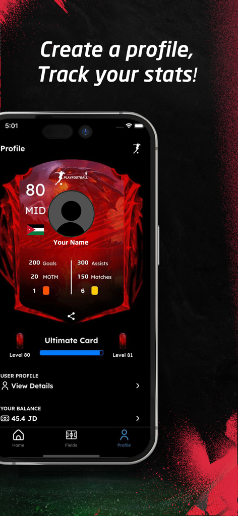 Playfootball ME - Soccer player profile screen showing performance stats like goals and assists on a personalized ultimate card