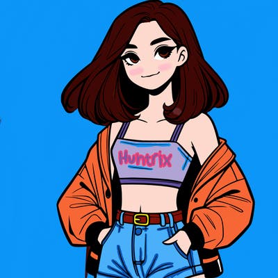 a realistic girl with a crop top and short shorts in an open jacket