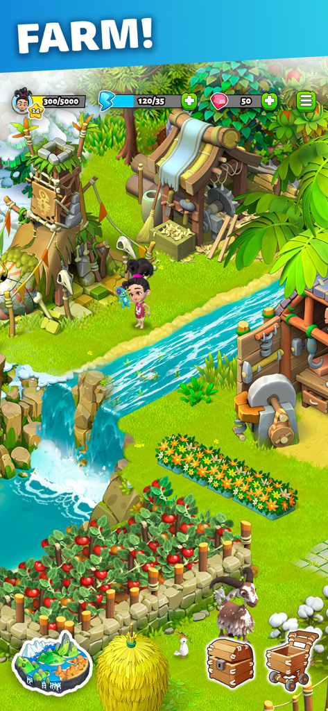 Family Island — Farming game - Gameplay screenshot of Family Island showing a stone age farm with crops a river and a character