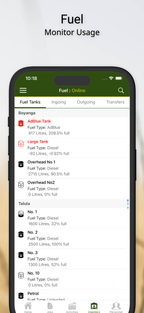 FarmSimple - FarmSimple mobile app interface displaying real-time fuel tank inventory levels and diesel usage tracking for farmers.