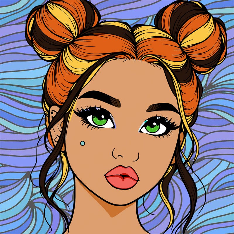 realistic girl with two buns on her hair and lips