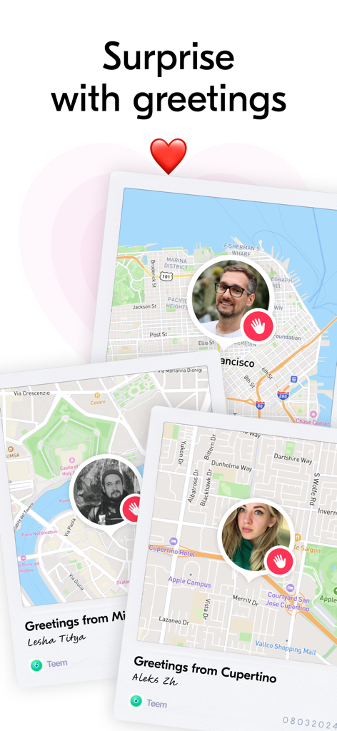 Teem: Phone Location Tracker - Teem app feature showing social greetings from friends on a map