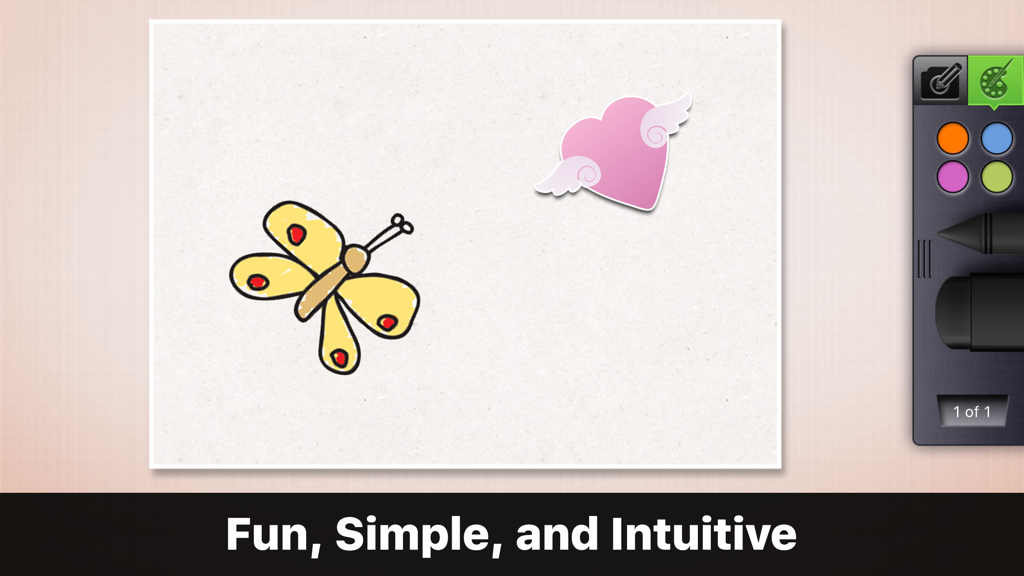 Story Creator - Easy Story Book Maker for Kids - Interfaz de dibujo en la aplicación Story Creator con una mariposa y un corazón alado con herramientas de colorear