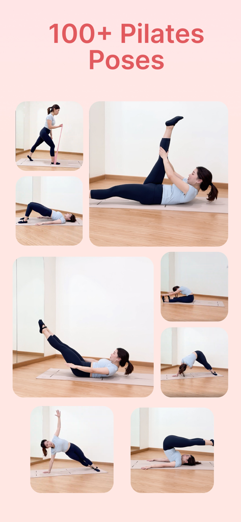Asian pilates: Pilates at Home - A woman demonstrating various Pilates poses on a mat from the Asian Pilates app