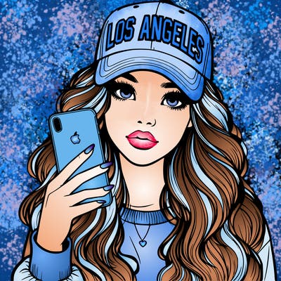 realistic beautiful girl wearing los ángeles cap holding an iphone