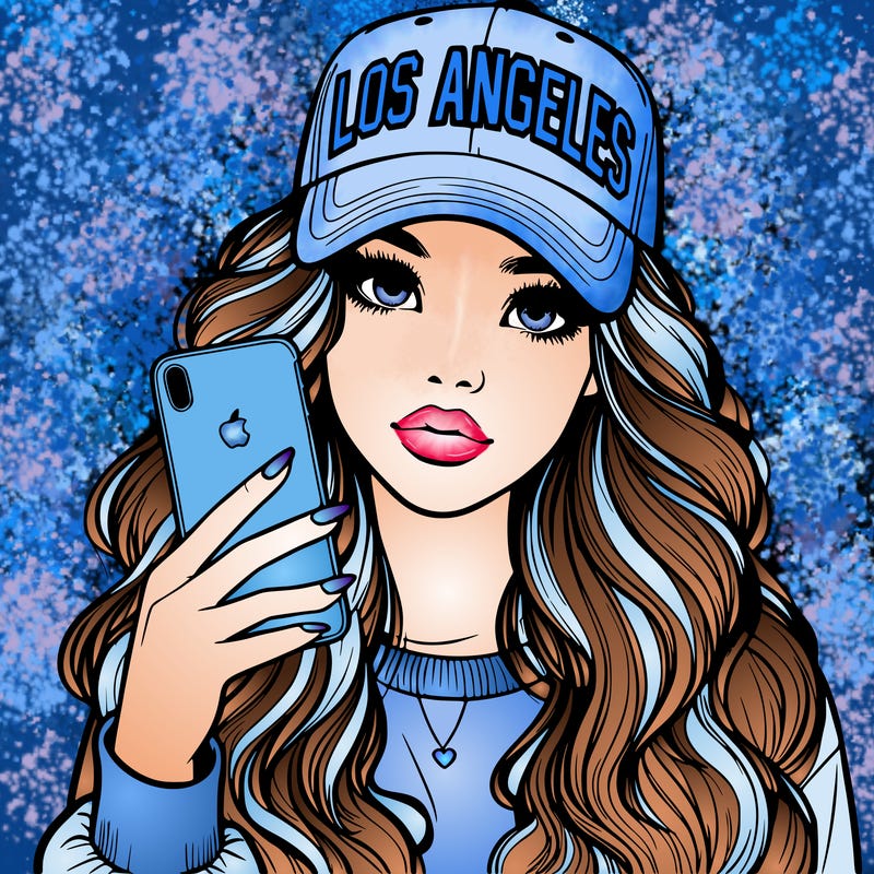 realistic beautiful girl wearing los ángeles cap holding an iphone