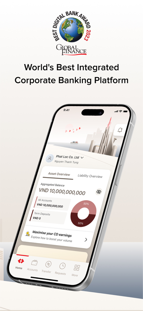 Aplicativo móvel Techcombank Business exibindo o painel bancário corporativo e visão geral dos ativos