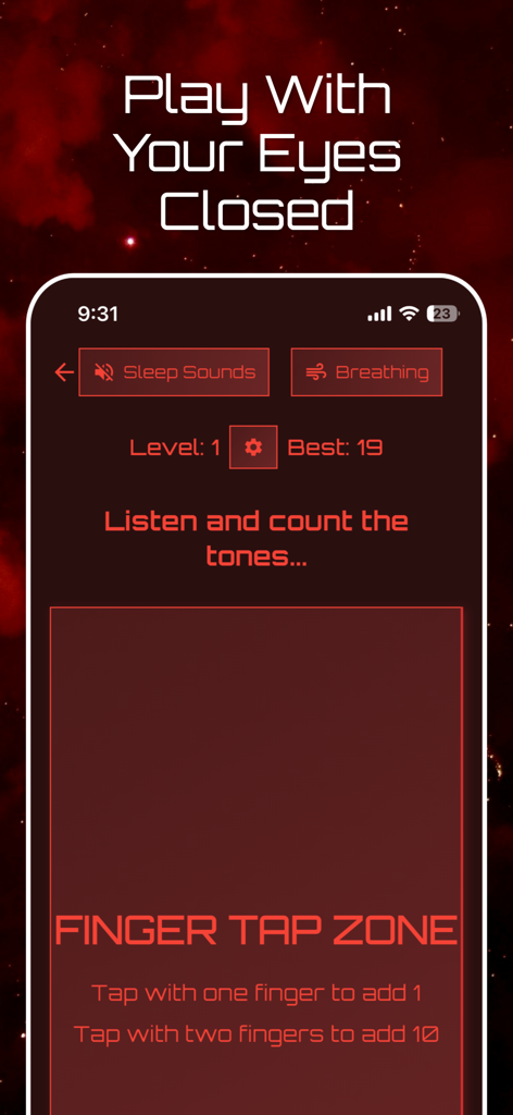 Screenshot of the Sleep Arcade app showing an eyes-closed counting game with a dark red interface and tap zone instructions