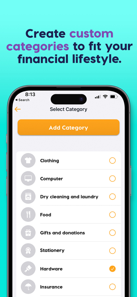 Crunchr – Receipt Saver App - Crunchr app screen displaying a list of expense categories to organize receipts