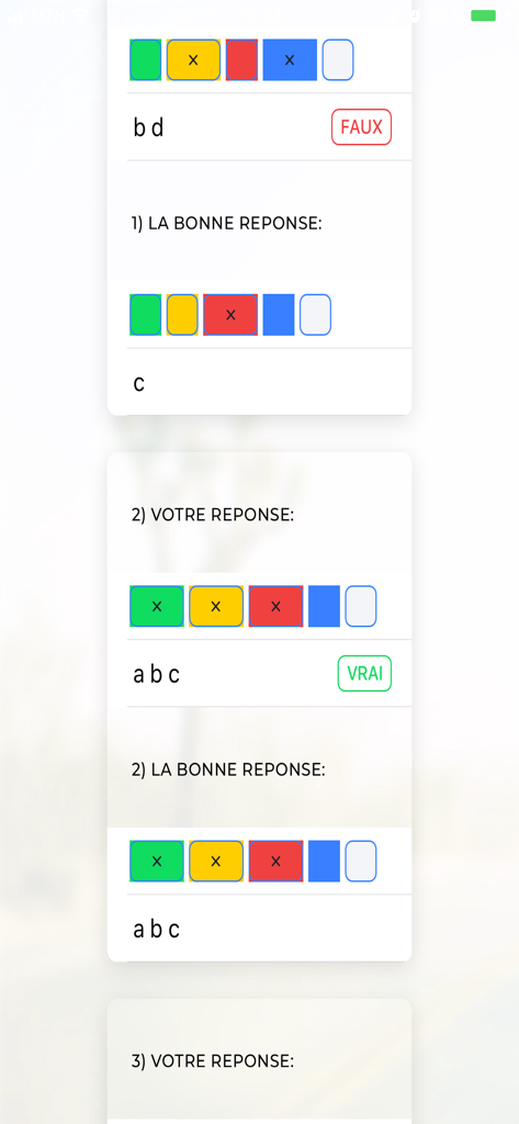 Quiz results and corrections on the Guide Permis Benin app screen showing true and false answers