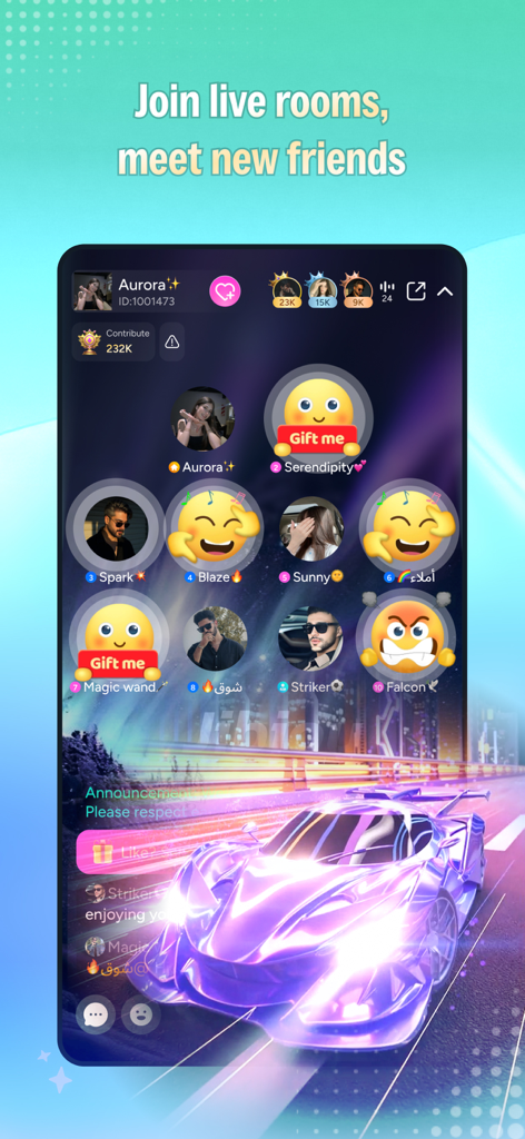 Baat Live - Baat Live app screenshot showing a social live room with multiple user profiles and a gift button