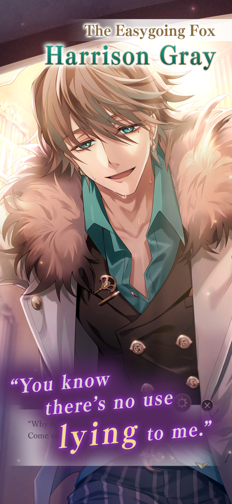 Portrait of Harrison Gray from Ikemen Villains otome game with a dialogue quote.