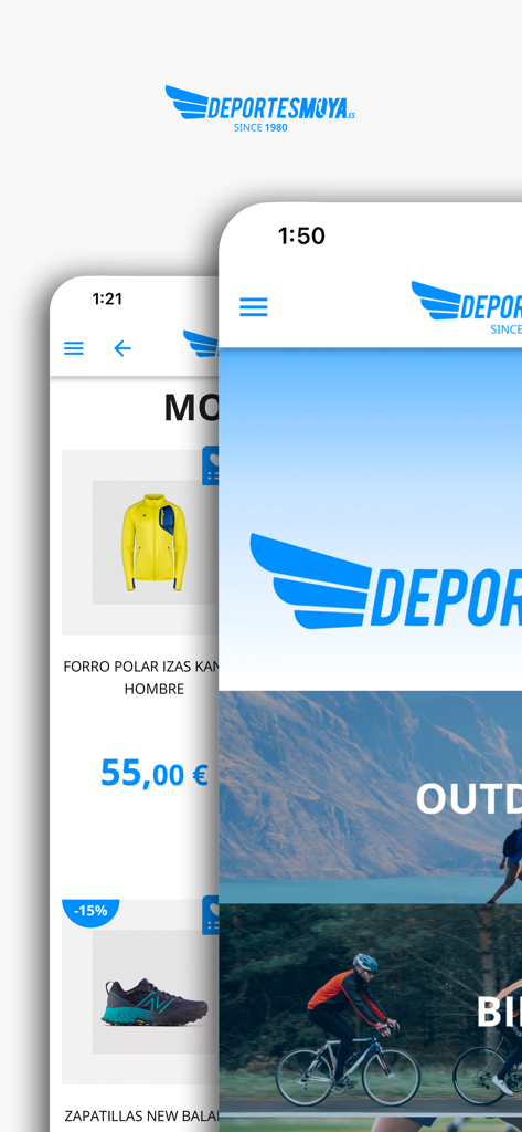 Deportes Moya - Capturas de pantalla móviles de la app Deportes Moya que muestran ropa deportiva y calzado atlético