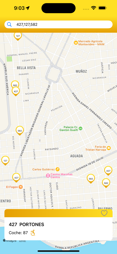 VoyEnBondi - Mapa de seguimiento de autobuses en tiempo real de Montevideo que muestra las ubicaciones de autobuses en vivo para las rutas 127, 427 y 582