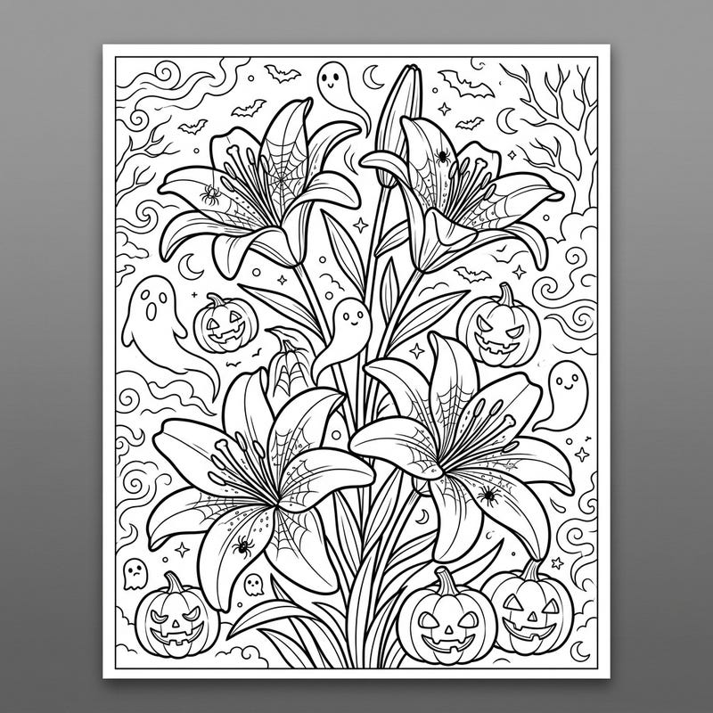 Dive into a unique blend of natural beauty and spooky charm with this captivating Asiatic Lilies Halloween coloring page. Adorned with cobwebs, jack-o'-lanterns, and friendly ghosts, it promises a wonderfully creative and festive coloring experience.