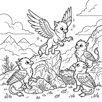 Embark on a mythical journey with this captivating coloring page featuring four endearing griffin hatchlings. Explore a detailed mountain landscape as you bring these fantastic creatures to vibrant life with your favorite colors.