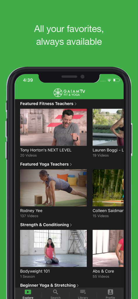 Gaiam TV Fit and Yoga app screenshot featuring fitness and yoga instructors like Tony Horton and Rodney Yee.