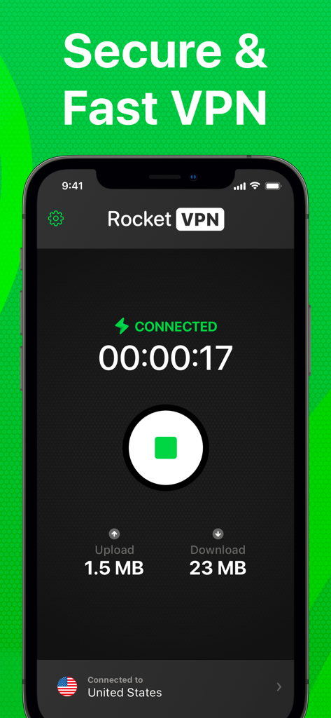 iPhone上のRocket VPNアプリのインターフェース。米国サーバーへの安全でアクティブな接続が表示されています。