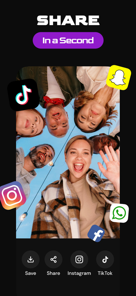 Reels Editor Story Maker BLISK - Blisk app share screen showing one-tap options to post reels and stories to Instagram, TikTok, and Snapchat.