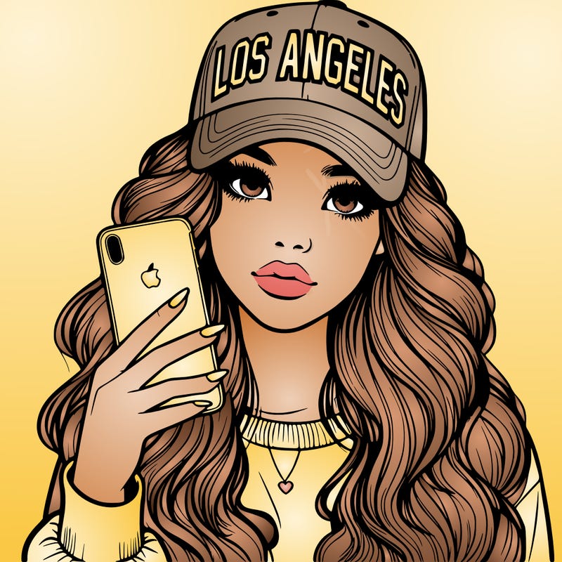 realistic beautiful girl wearing los ángeles cap holding an iphone
