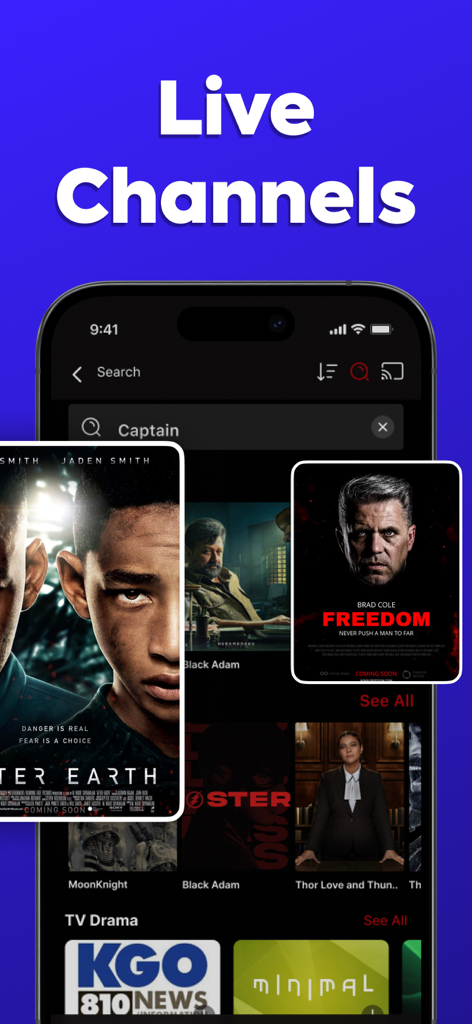 Interface of IPTV Smarters app displaying live TV channels and movie posters