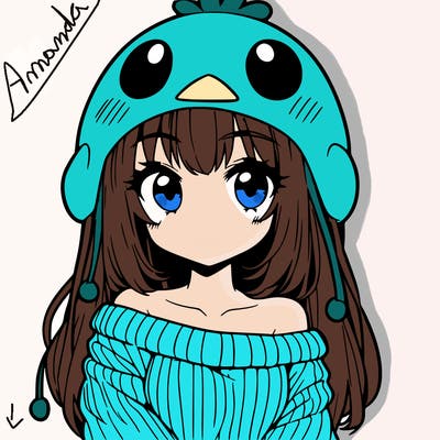 anime girl with chick shaped hat with sweater with bare shoulders with bangs covering them one eye with low tail