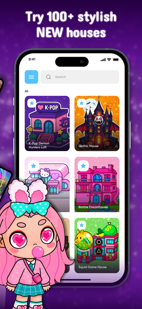 Una selección de mods de casas temáticas para Avatar World, incluyendo estilos K-Pop y Gótico