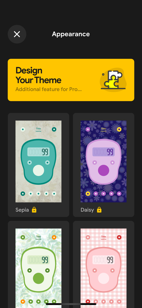 The appearance settings screen showing various color and pattern themes for the digital tasbih counter app.