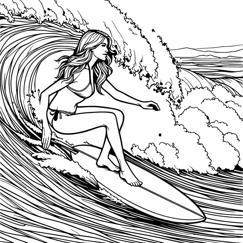 realistic girl in a bikini surfing a big wave