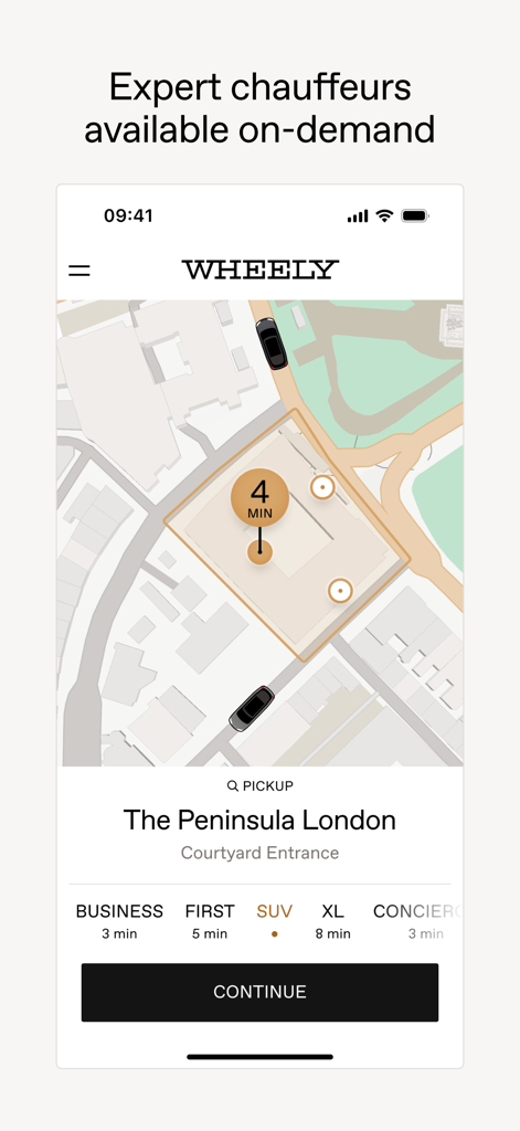 Wheely mobile app interface for booking a professional chauffeur on demand in London