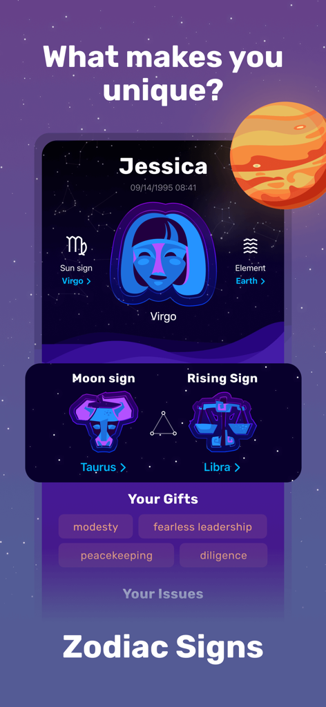 Astrology app screen showing a personalized birth chart with sun moon and rising signs