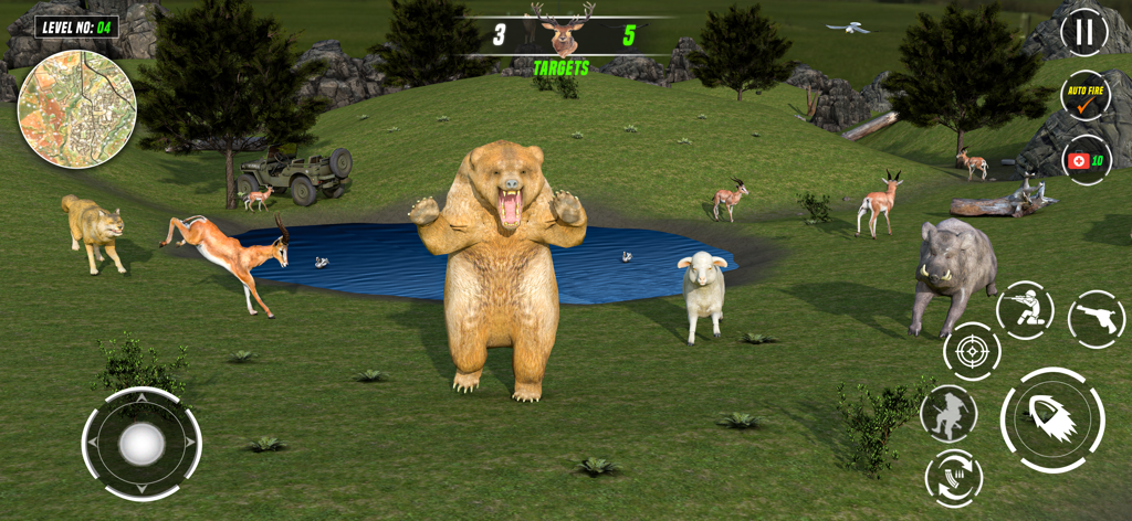 Animal Hunter : Hunting Games - Gameplay screenshot of Animal Hunter showing a bear, deer, and boar in a realistic 3D safari environment with on-screen controls.