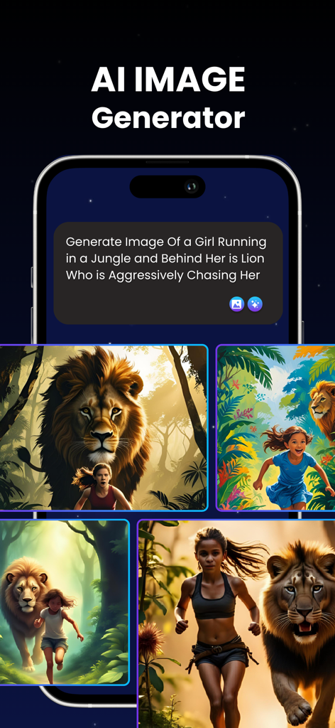 Playground AI app interface displaying AI generated images of a girl and a lion in a jungle from a text prompt.