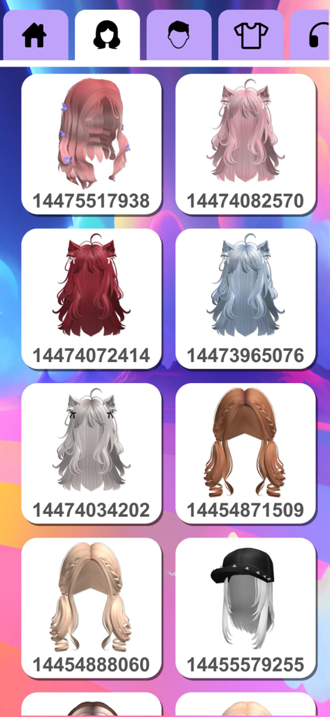 A grid of aesthetic Roblox hair styles with their numeric identification codes