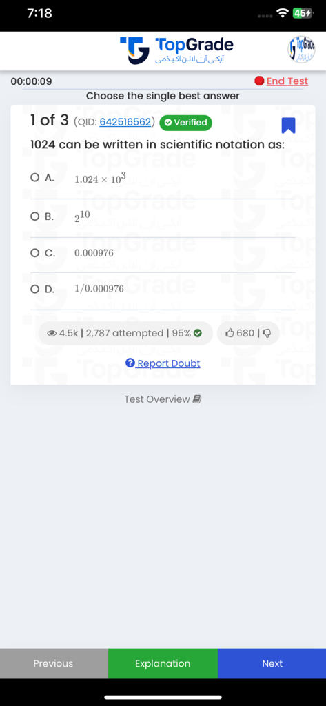 TopGrade.pk - A multiple-choice practice question interface on the TopGrade exam preparation app.