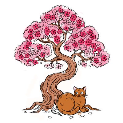 a pink blossom tree with a cat under