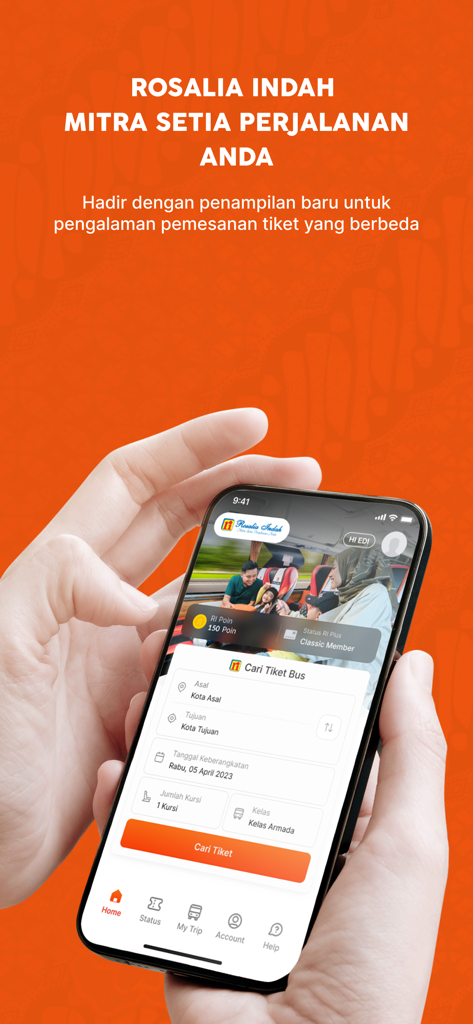 Rosalia Indahバスチケット検索インターフェースを表示する携帯電話画面