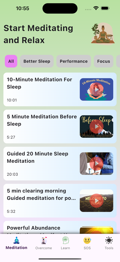 Calmify: Anger Management - Calmifyアプリの瞑想インターフェース。ガイド付き睡眠と集中瞑想セッションが特徴です。