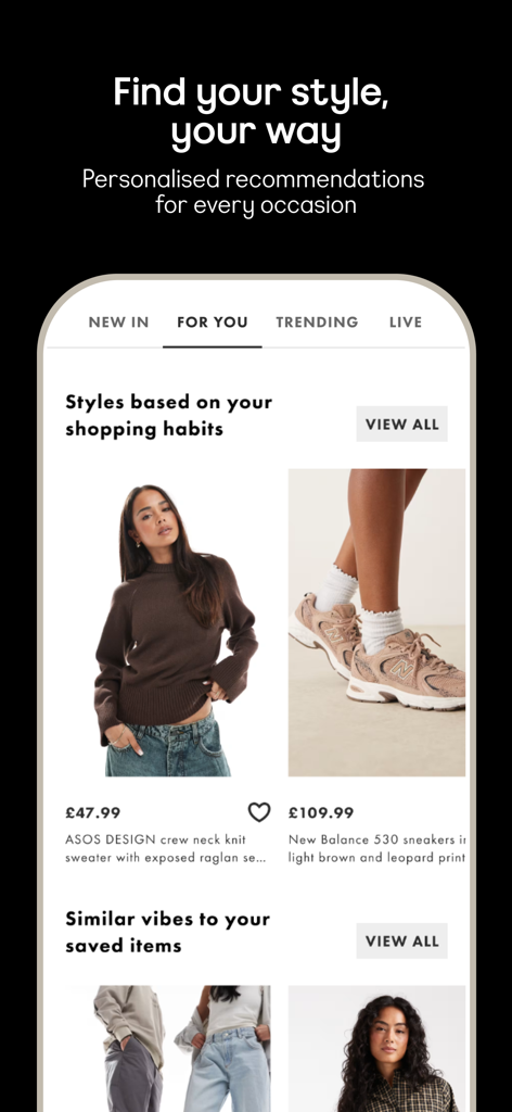ASOS - Discover Fashion Online - ASOS app displaying personalized style recommendations based on shopping habits for Gen Z and Millennial fashion.