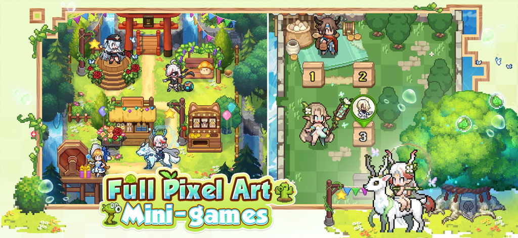 Pixel Heroes: Tales of Emond - Split-screen showcasing various retro pixel art mini-games and characters in Pixel Heroes Tales of Emond.