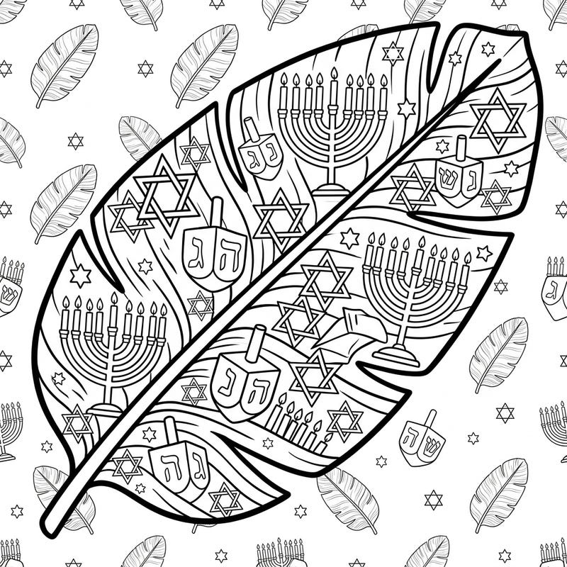 Discover a unique way to celebrate Hanukkah with this delightful banana leaf coloring page. It features traditional symbols like menorahs, dreidels, and Stars of David, all within a vibrant tropical design.