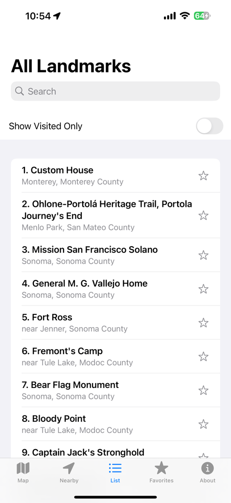 California State Landmarks - 검색창과 방문한 사이트 필터가 있는 캘리포니아 주 역사 명소 목록