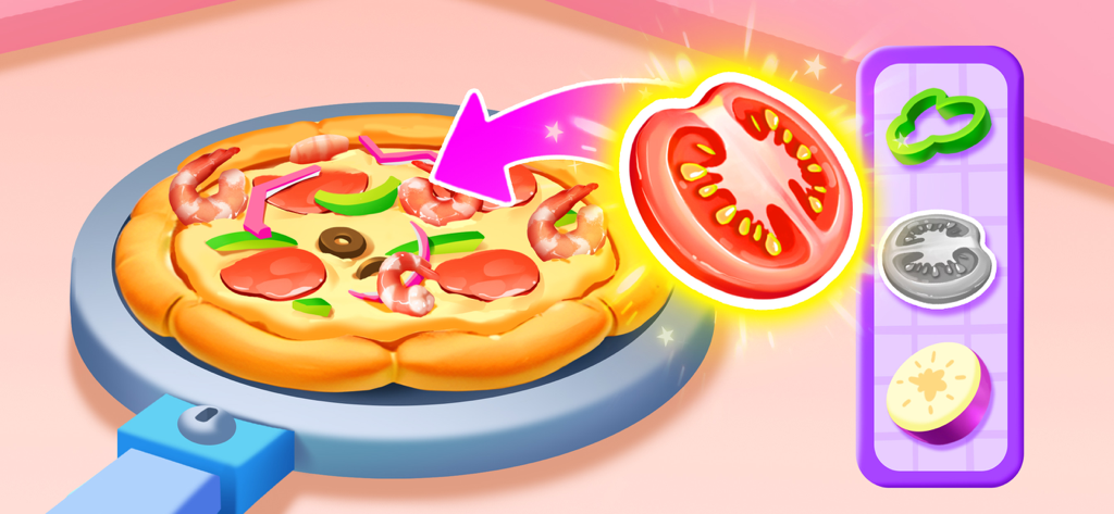 A cartoon pizza being decorated with a tomato slice in the Panda Robot Kitchen game.