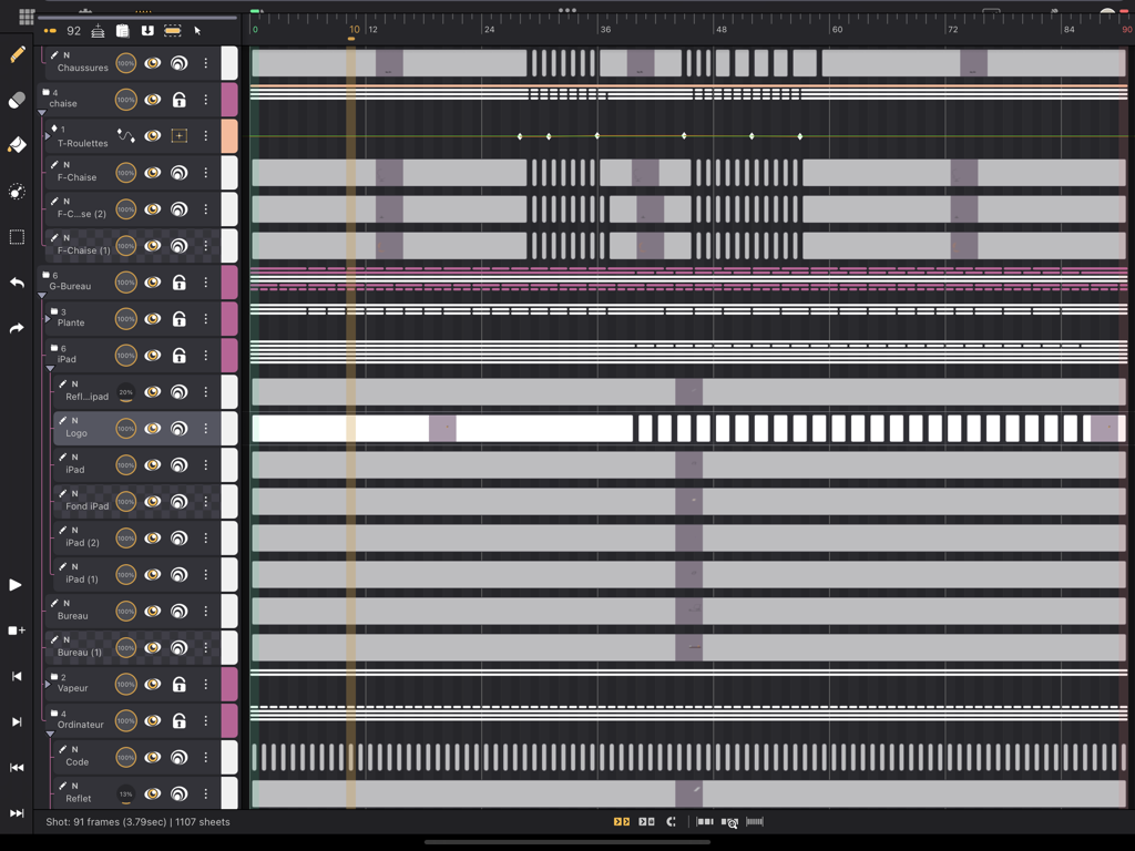 Interfaz de línea de tiempo de animación 2D profesional con múltiples capas y fotogramas en Callipeg