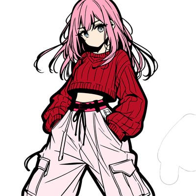 anime teen girl with baggy pants and crop top with sweater
